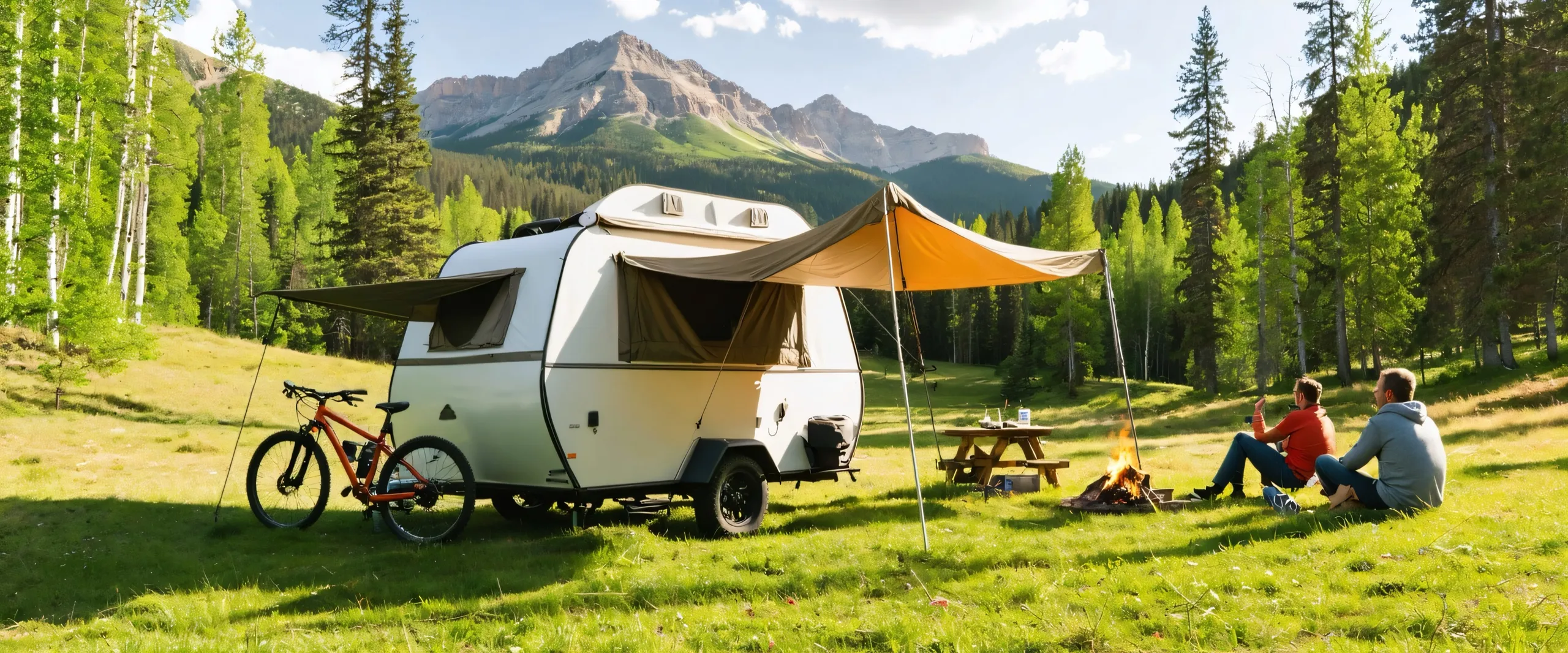 Camper beside an alpine lake surrounded by pine forest