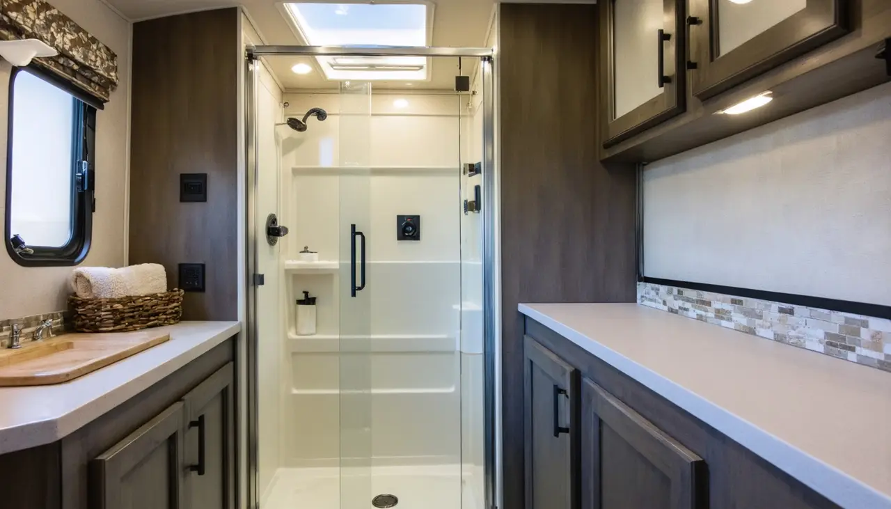Bathroom in the Monarch 3750RL with a glass walk-in shower under a skylight between two espresso vanities