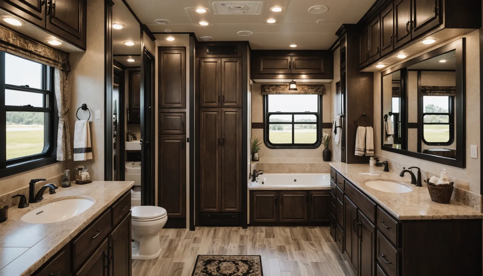 Main bath in the Granite with two granite vanities, a soaking tub under a window, a toilet and a linen cabinet