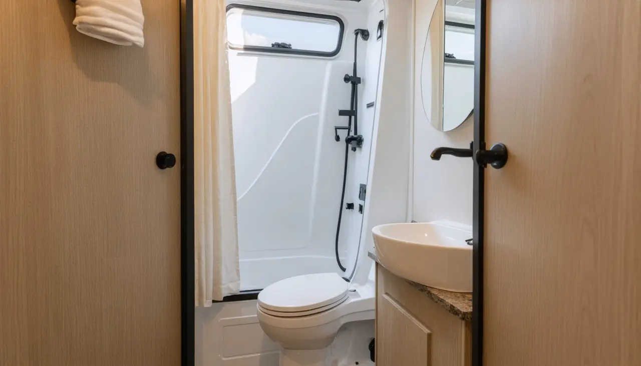 Wet bath in the Wren 17RB seen from the doorway, with curtained shower, toilet and vessel-sink vanity