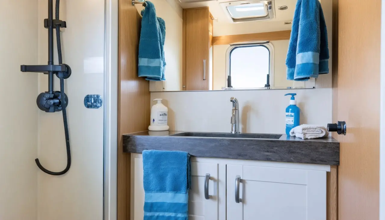 Bathroom in the Meridian with a glass shower, white vanity with a stone-look sink and blue towels