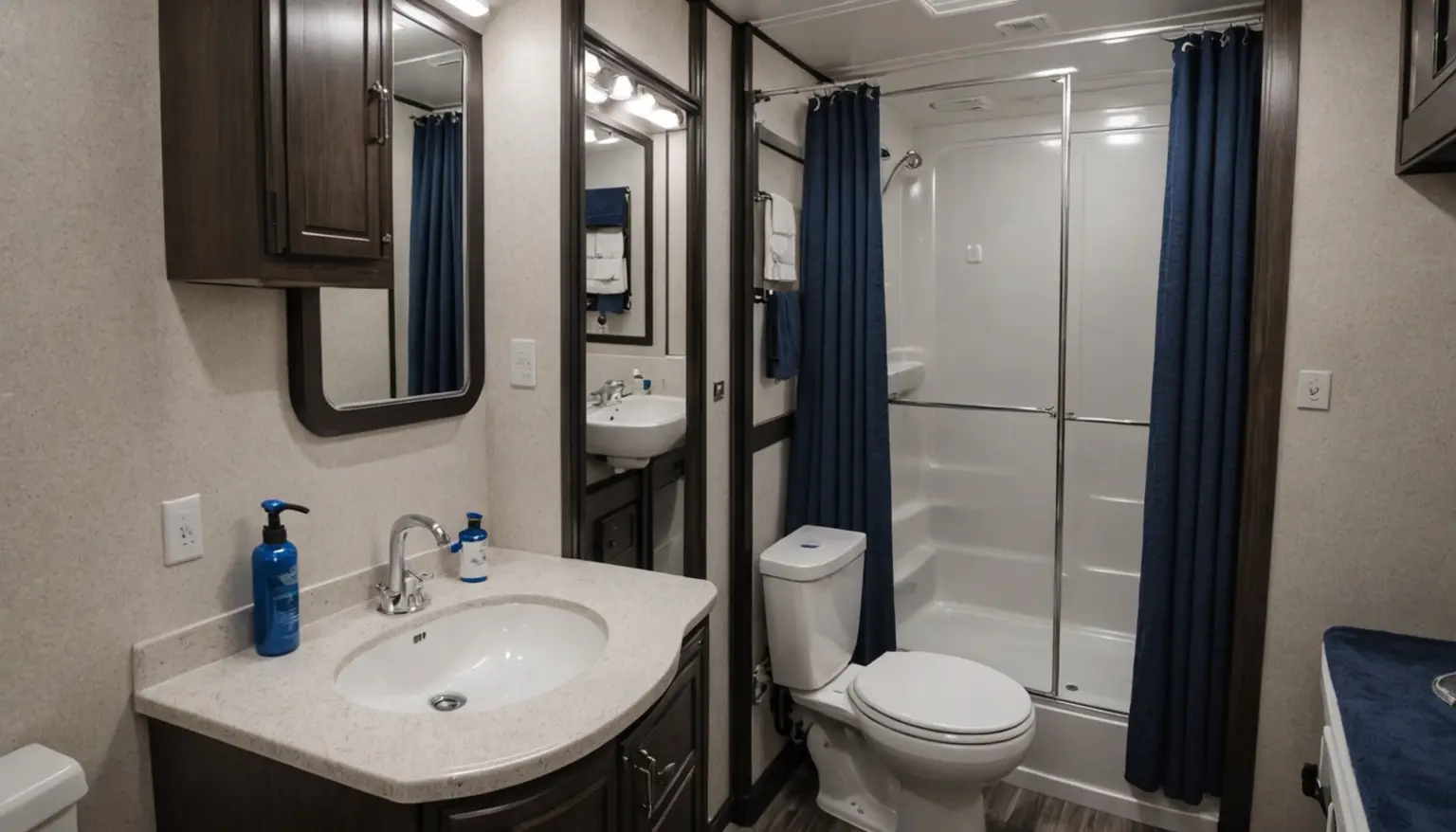 Bathroom in the Lodestar 22RBS with vanity sink, toilet and a walk-in shower with navy curtains