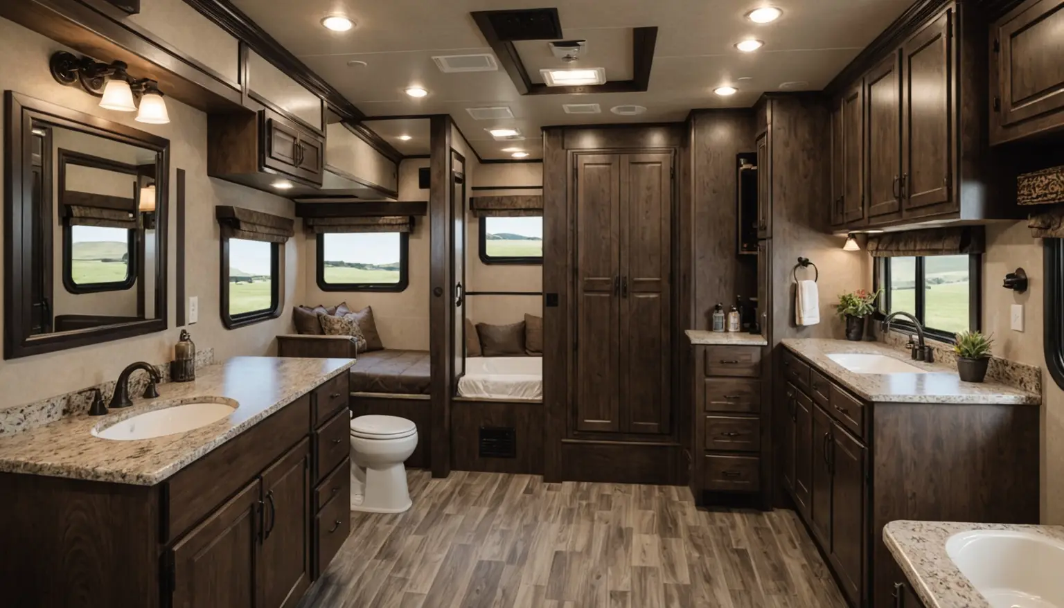 Bathroom in the Lodgepole with granite vanities, a toilet, a tub and dark alder cabinets