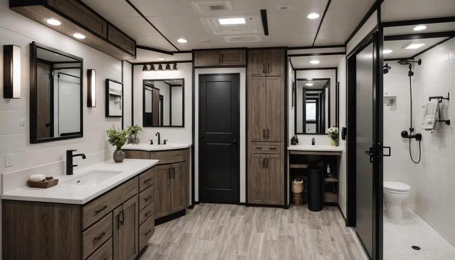 Bathroom in the Pinnacle with two vanities, wood cabinetry, matte black fixtures and a walk-in shower
