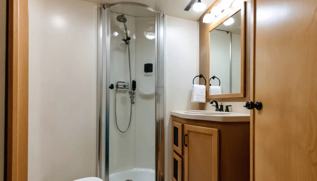 Bathroom in the Evergreen 2400RB with a curved glass corner shower, maple vanity and mirror