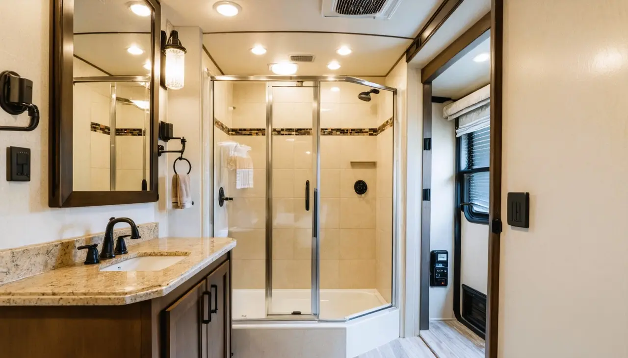 Mid-bath in the Monarch 3950FL with a tiled glass walk-in shower and a granite vanity