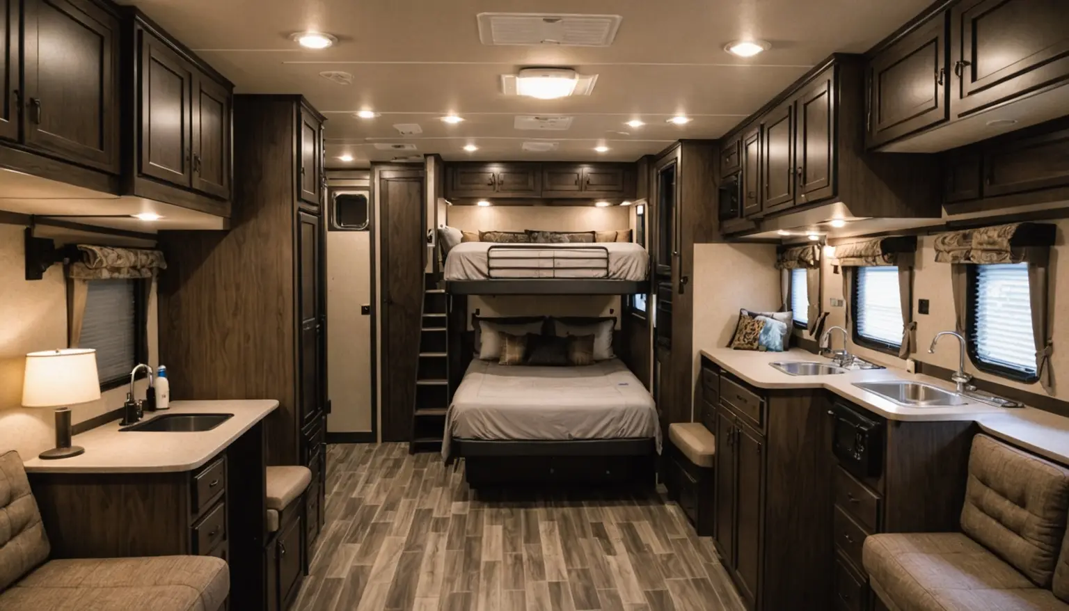 Rear double-over-double bunk beds with a ladder, seen down the aisle past the galley in the 240BH
