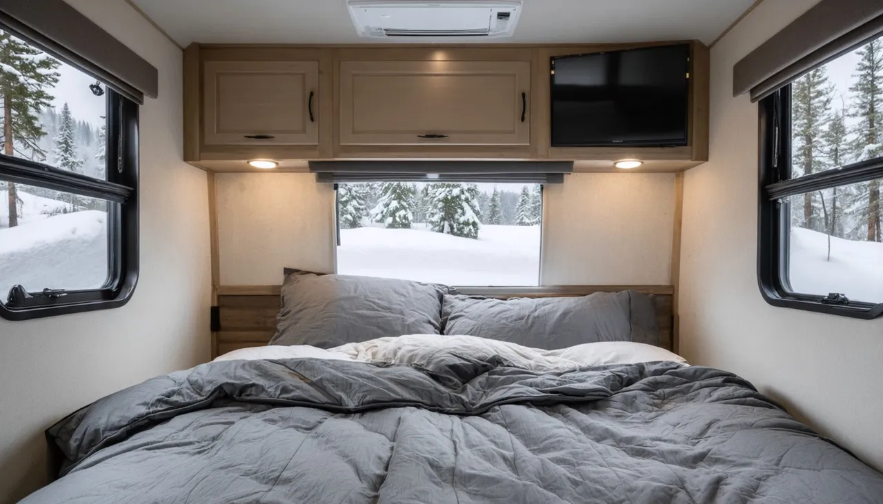 Queen bed with a gray duvet under overhead cabinets and a TV, snowy pines through the windows, in the Evergreen 293RK