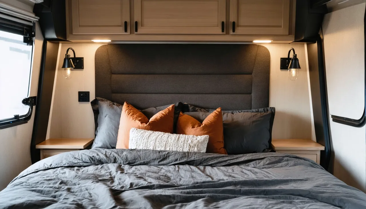 Close-up of a king bed with charcoal upholstered headboard, gray and copper pillows and sconces in the Haymaker