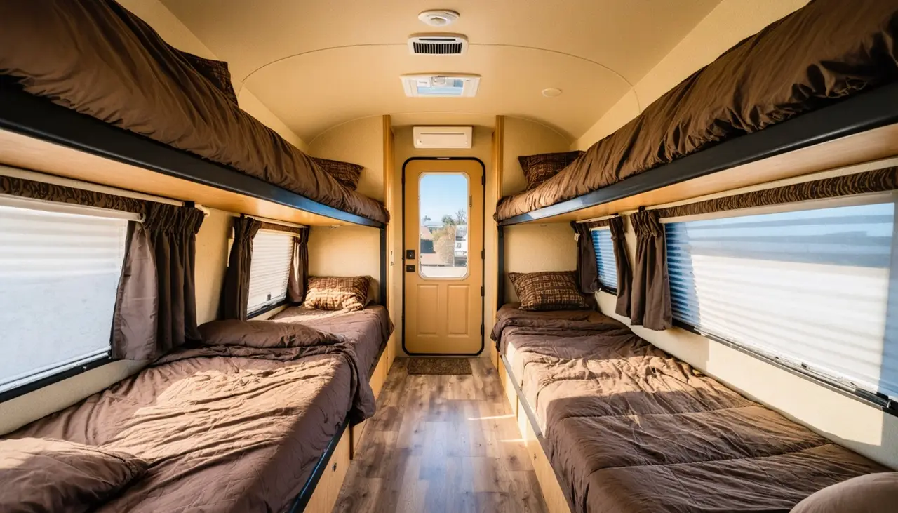 Rear bunk room with four bunks in brown bedding and an exterior door in the Ridgeback