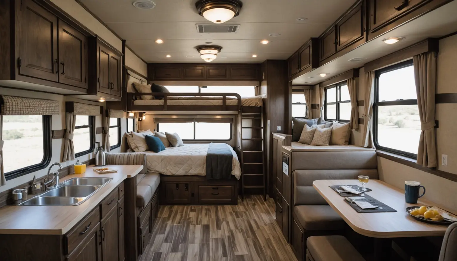 Bunk over a double bed with a ladder at the end of the aisle in the Lodestar 26BH, galley and dinette in front