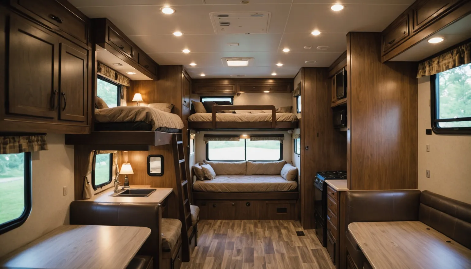 Bunk area in the Hightrail with upper bunks, a ladder and a cushioned daybed beneath a window