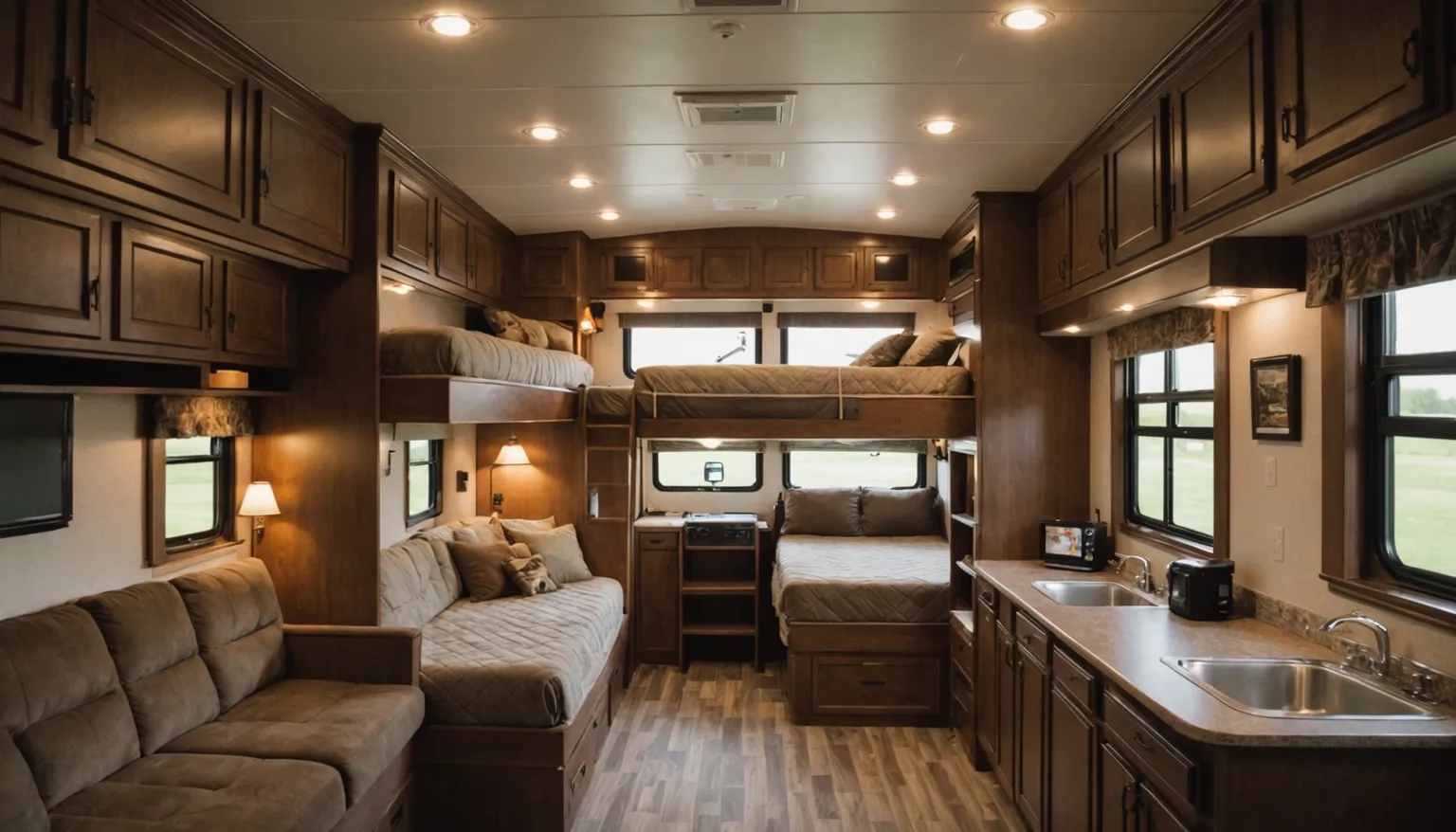 Bunk room in the Granite 384BHS with two upper bunks, two lower beds, a sofa and a small counter with sink