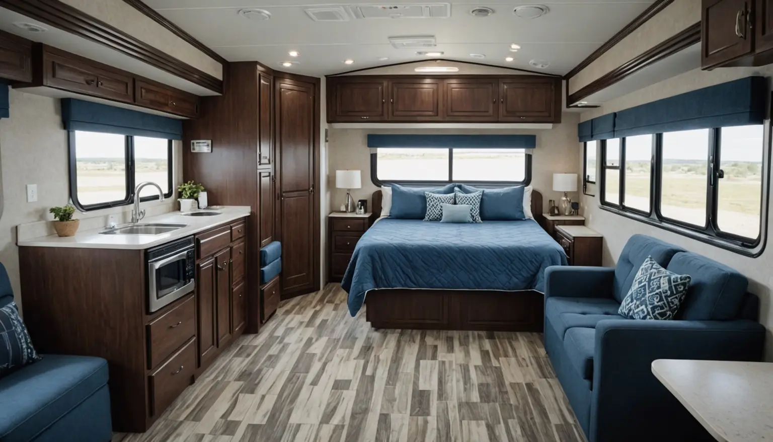 Queen bed with blue bedding and nightstands beneath a window in the Meridian 280RK, with a wardrobe, vanity sink and blue loveseat