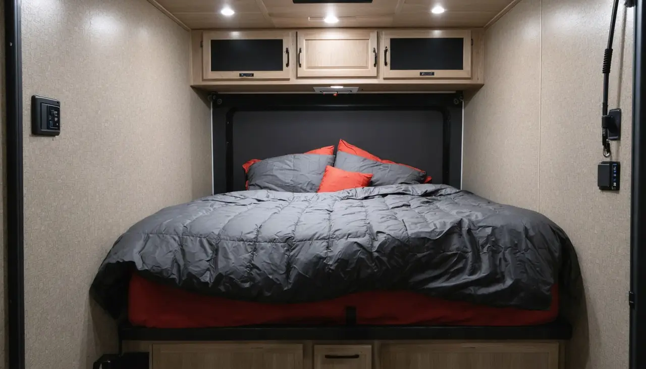 Queen bed with charcoal comforter and ember red pillows in a nook under overhead cabinets in the Dune Rat