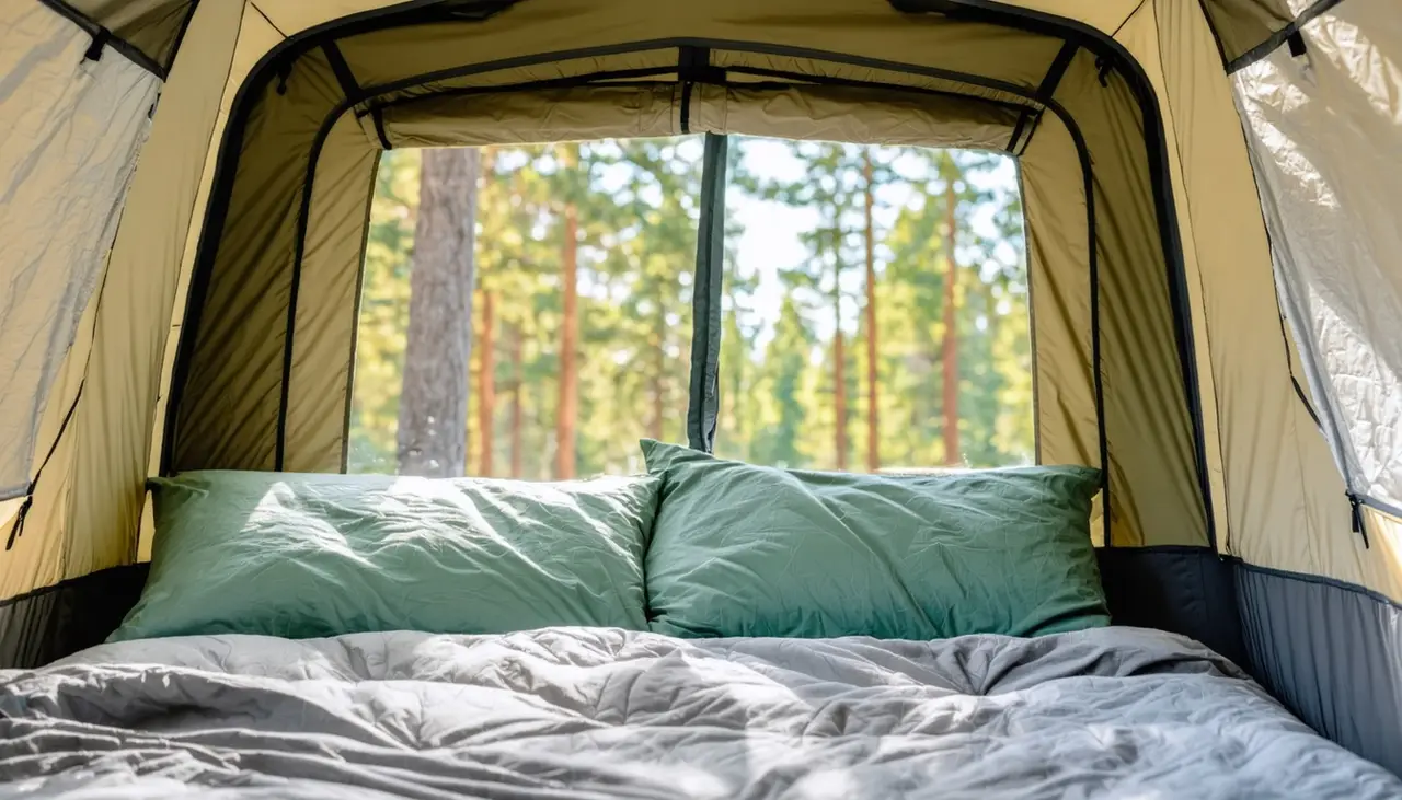 Bed end in the Kestrel 12SC with sage green pillows and gray bedding, canvas window open to tall pines
