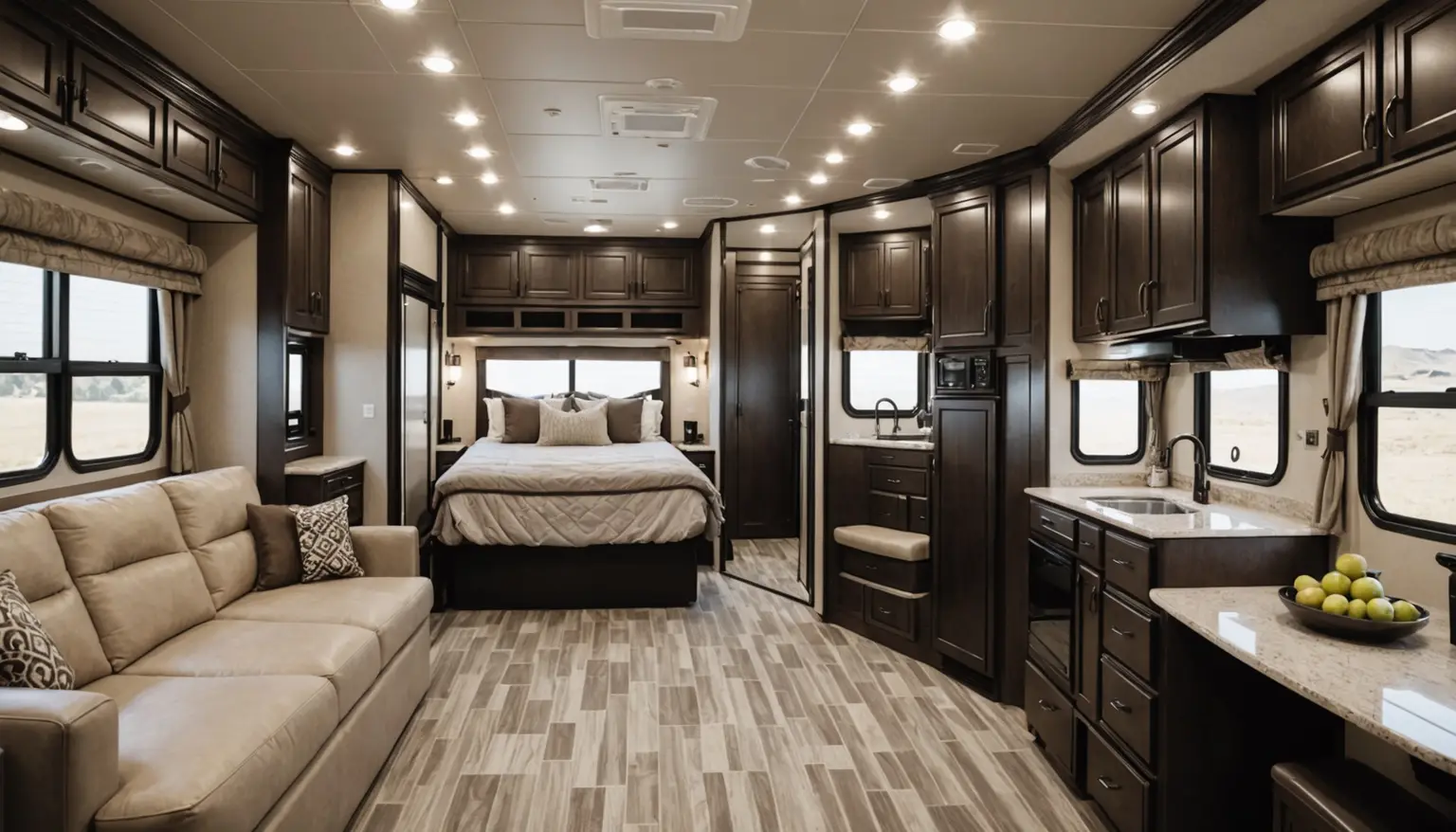 View from the Monarch living area past a tan sofa and the galley to the front bedroom with a made-up bed under espresso cabinets