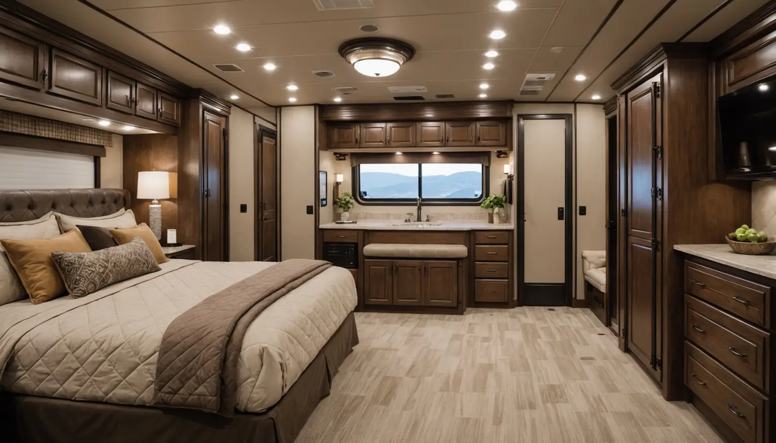 Master bedroom in the Monarch with a tufted-headboard king bed, wardrobes, a dresser and a vanity beneath a window