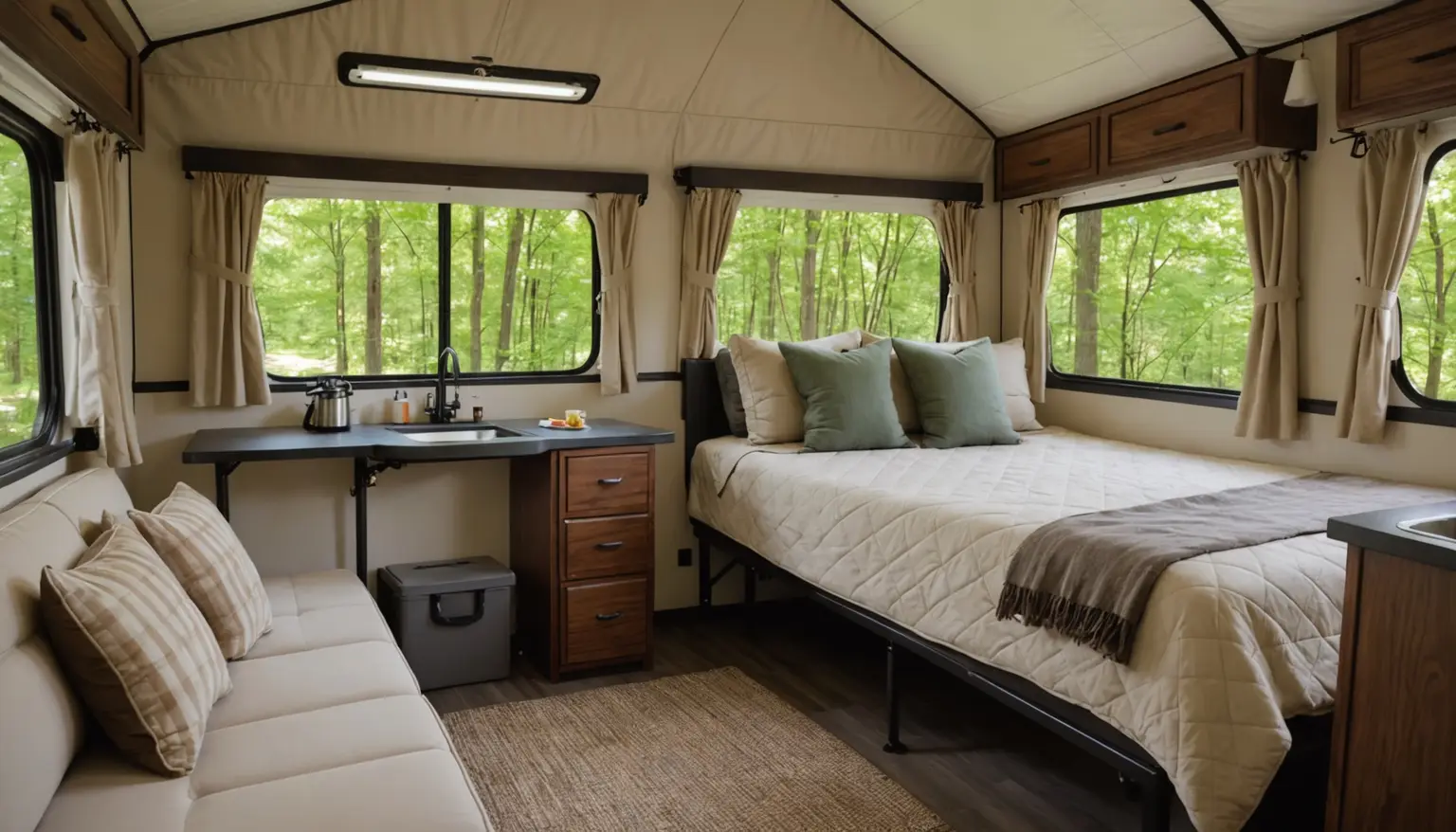 Bed with cream quilt and sage pillows beside a small counter and sofa in the Kestrel 1706LS, forest outside the windows