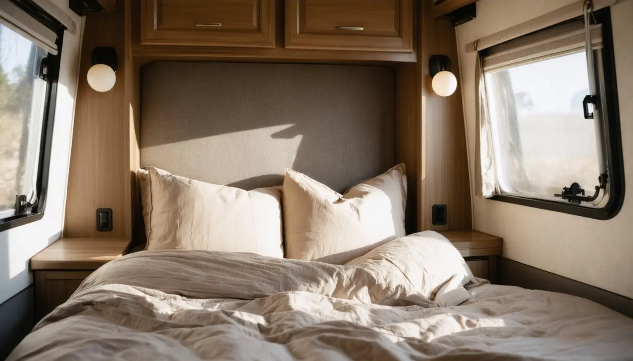 Queen bed with upholstered headboard, taupe linen bedding, sconces and nightstands in the Crestview 27RL