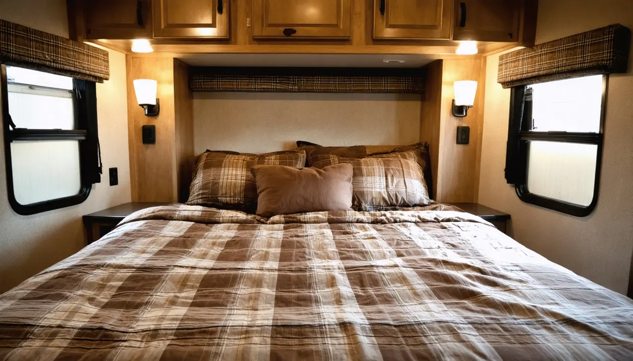 Queen bed with brown plaid bedding between two windows under alder cabinets in the Lodgepole 315RL