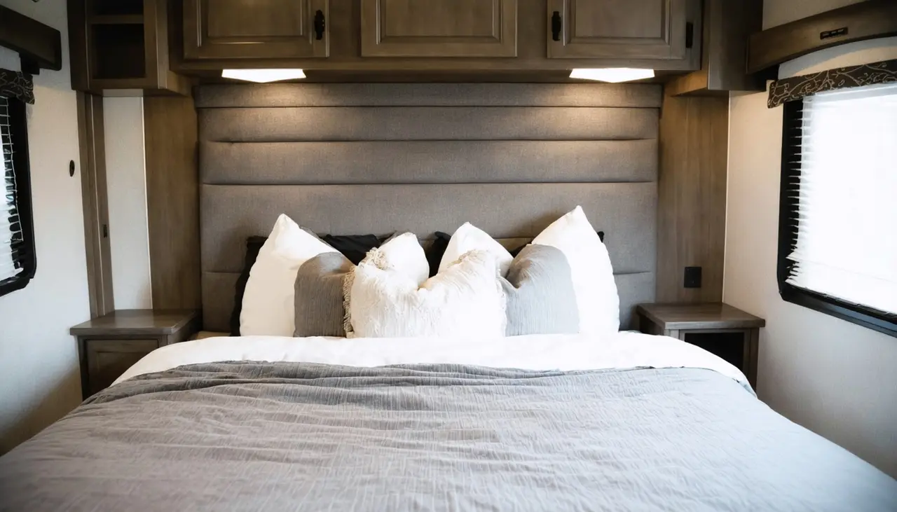 King bed with upholstered headboard, white and slate bedding and nightstands in the Pinnacle 3610FK