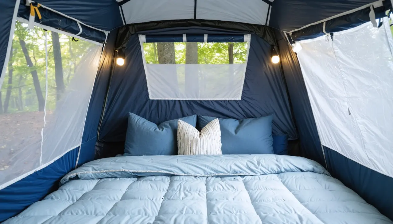 King bed end in the Kestrel 1910ST with light blue bedding, reading lights and navy canvas with screened windows open to trees
