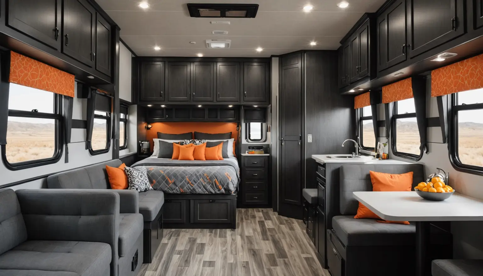 Queen bed with charcoal and orange bedding under black cabinets at the front of the Dustrunner 2612, sofa and dinette in the foreground