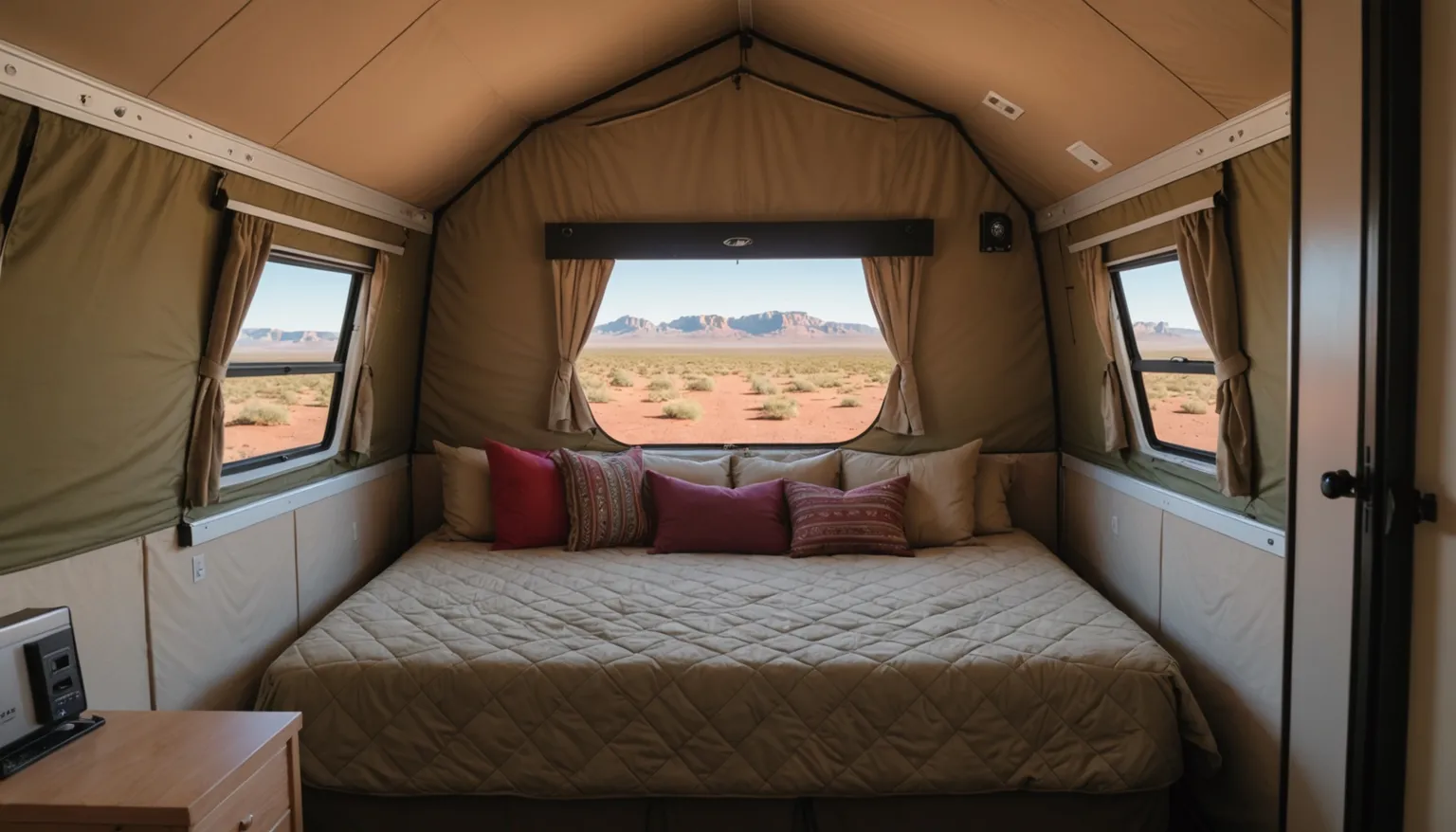 Bed with a tan quilt and red pillows under olive canvas walls in the Backtrack 10XT, windows looking out to red rock desert