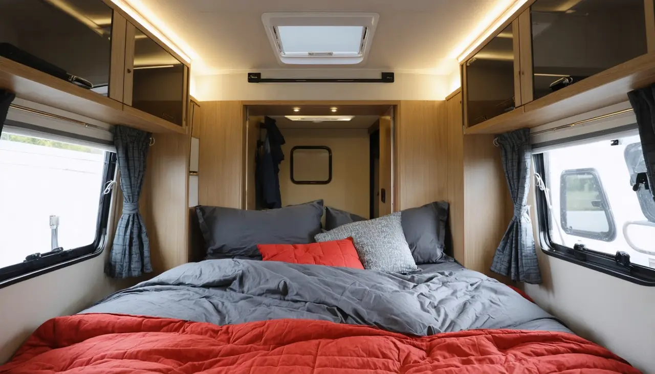 Bed with gray and red bedding under a skylight, between curtained windows and wood cabinets, in the Haymaker 3612