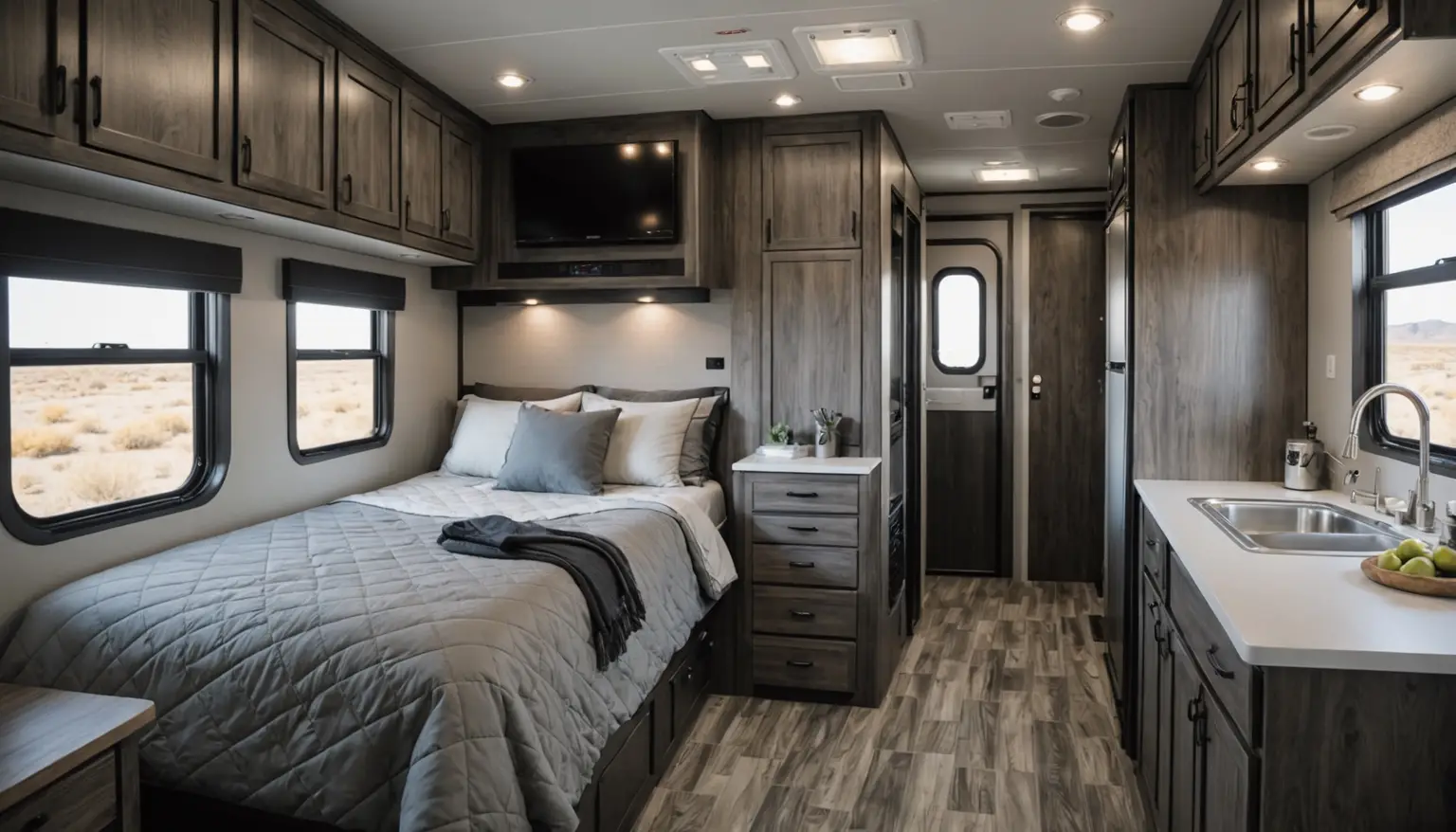 Queen bed with a gray quilt under overhead cabinets and a wall TV in the AR 190RD, desert visible through the windows
