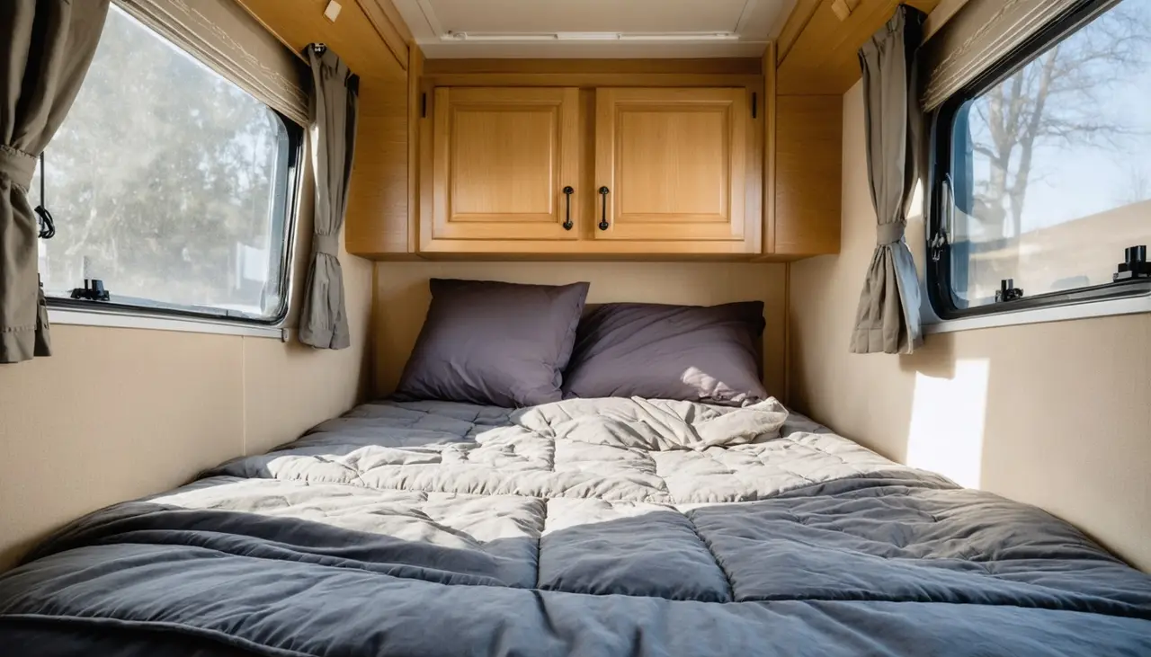 Queen bed with slate gray comforter between two curtained windows under light oak cabinets in the Talus