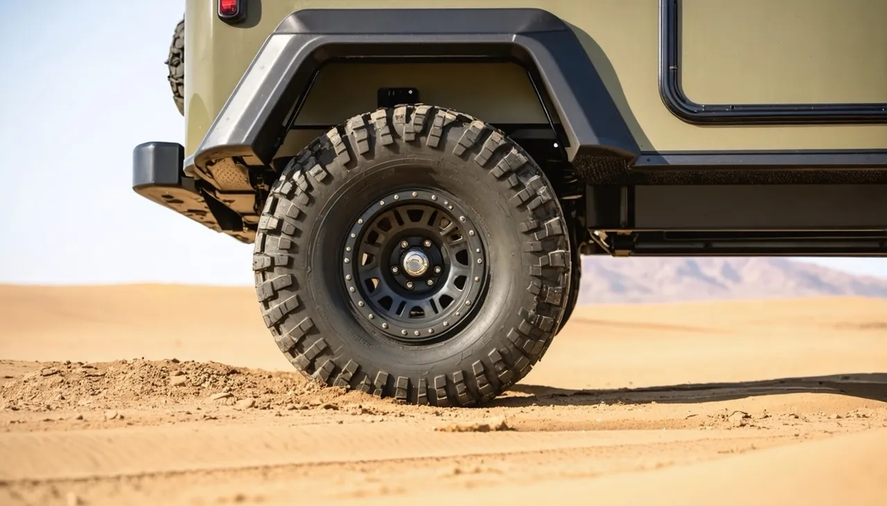 Close-up of a knobby all-terrain tire on a black beadlock-style wheel under the black fender flare of the Nomad T16X, on desert sand