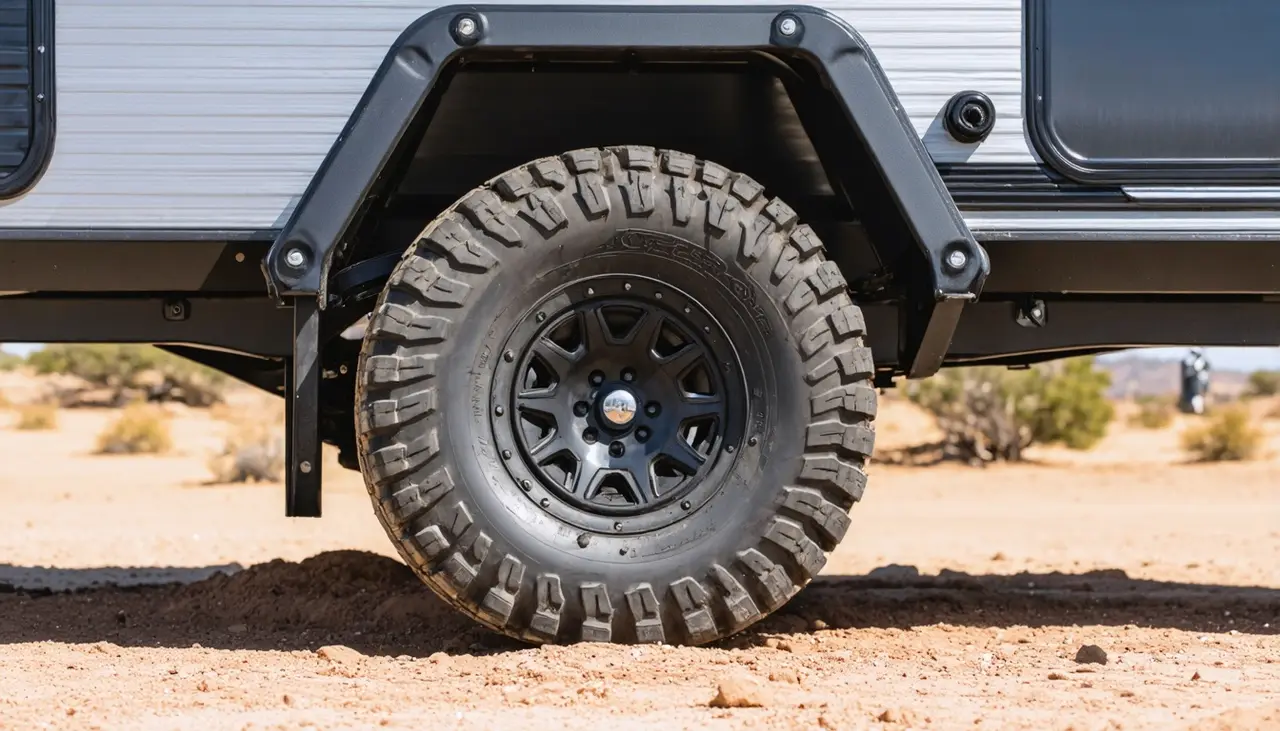 Close-up of a knobby all-terrain tire on a black wheel under the black fender flare of the Slickrock