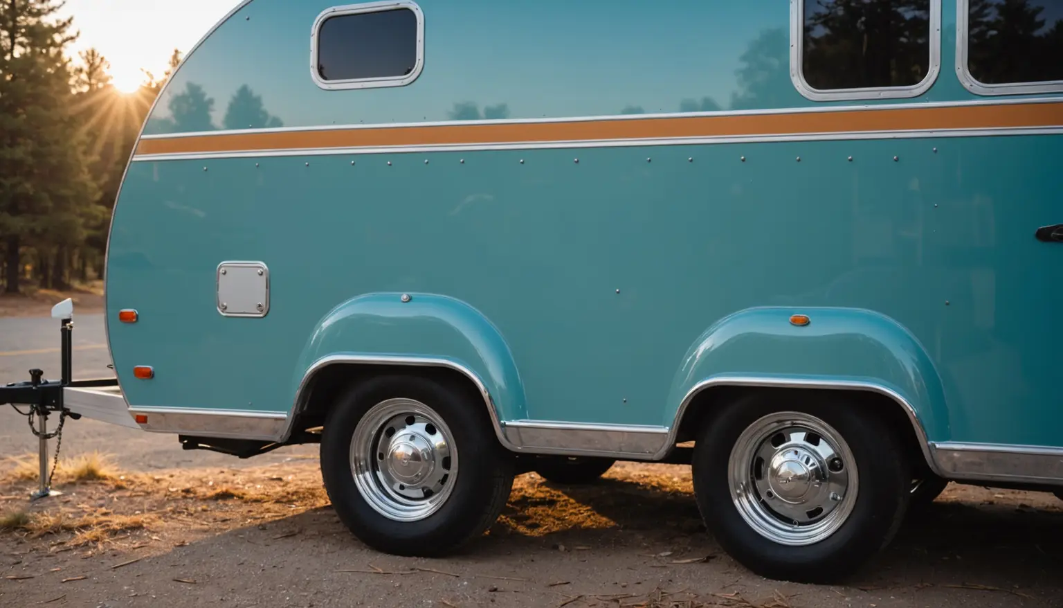 Close-up of blue paint, a copper pinstripe, polished aluminum trim and chrome wheels on the Swift T14 at sunset among pines