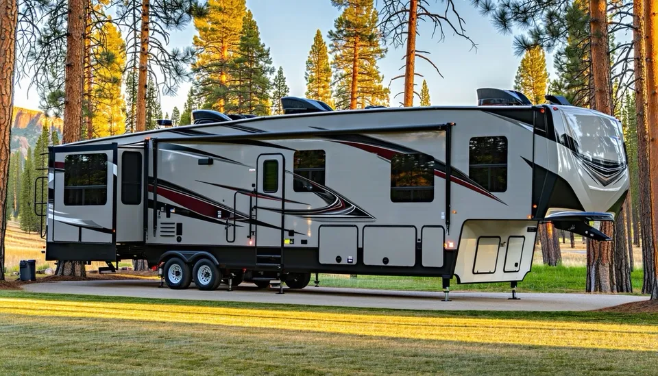 Side view of the used smoke silver Cascade Coach Monarch 3750RL fifth wheel with black and burgundy swoops on its landing jacks in a ponderosa pine campground, orange cliffs in the distance