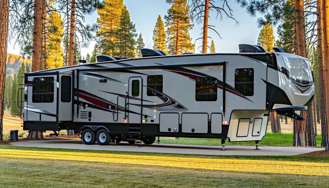 Side view of the used smoke silver Cascade Coach Monarch 3750RL fifth wheel with black and burgundy swoops on its landing jacks in a ponderosa pine campground, orange cliffs in the distance