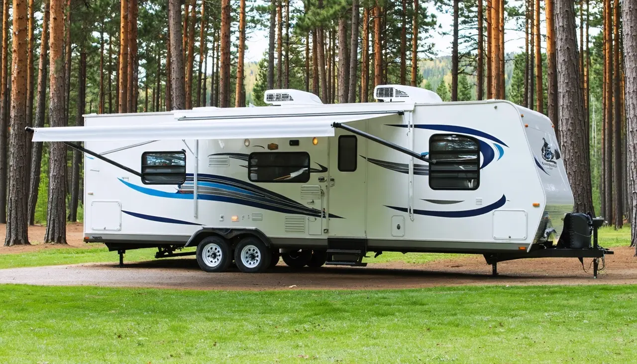 Used 2018 Northstar Lodestar 26BH bunkhouse trailer with blue and gray swirl graphics and awning out, parked in a tall pine forest campground