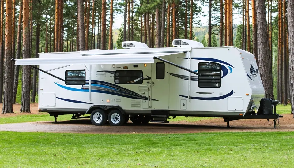 Used 2018 Northstar Lodestar 26BH bunkhouse trailer with blue and gray swirl graphics and awning out, parked in a tall pine forest campground