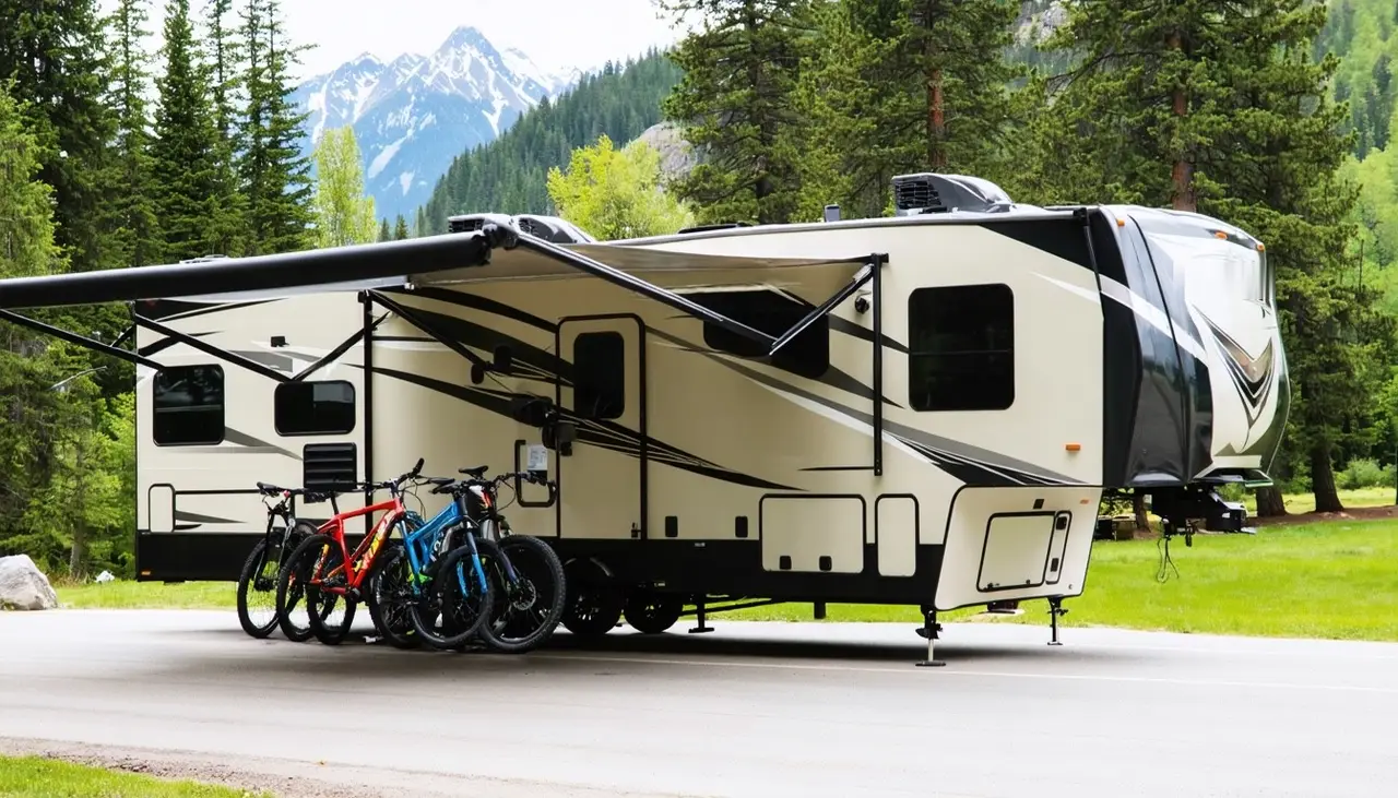 Side view of the sandstone tan Wasatch Works Talus 3412G fifth wheel toy hauler with black and slate swooshes, awning out and mountain bikes lined up alongside, in a pine forest below snowy peaks