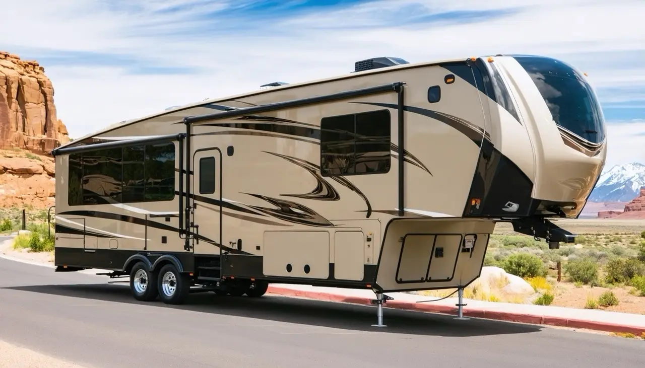 Cascade Coach Monarch 3950FL luxury fifth wheel with panoramic front windshield near Moab