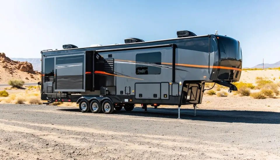 Side view of the charcoal metallic Frontier Haul Haymaker 3814 triple-axle fifth wheel toy hauler with blaze orange stripes, on its landing jacks on a gravel pad in the desert