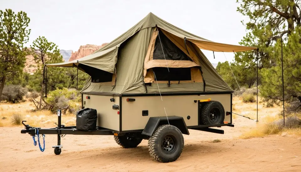 Red Rock Outfitters Backtrack 10XT off-road tent trailer set up with olive and tan canvas and awnings out, on sandy ground among pinyon pines with red rock behind