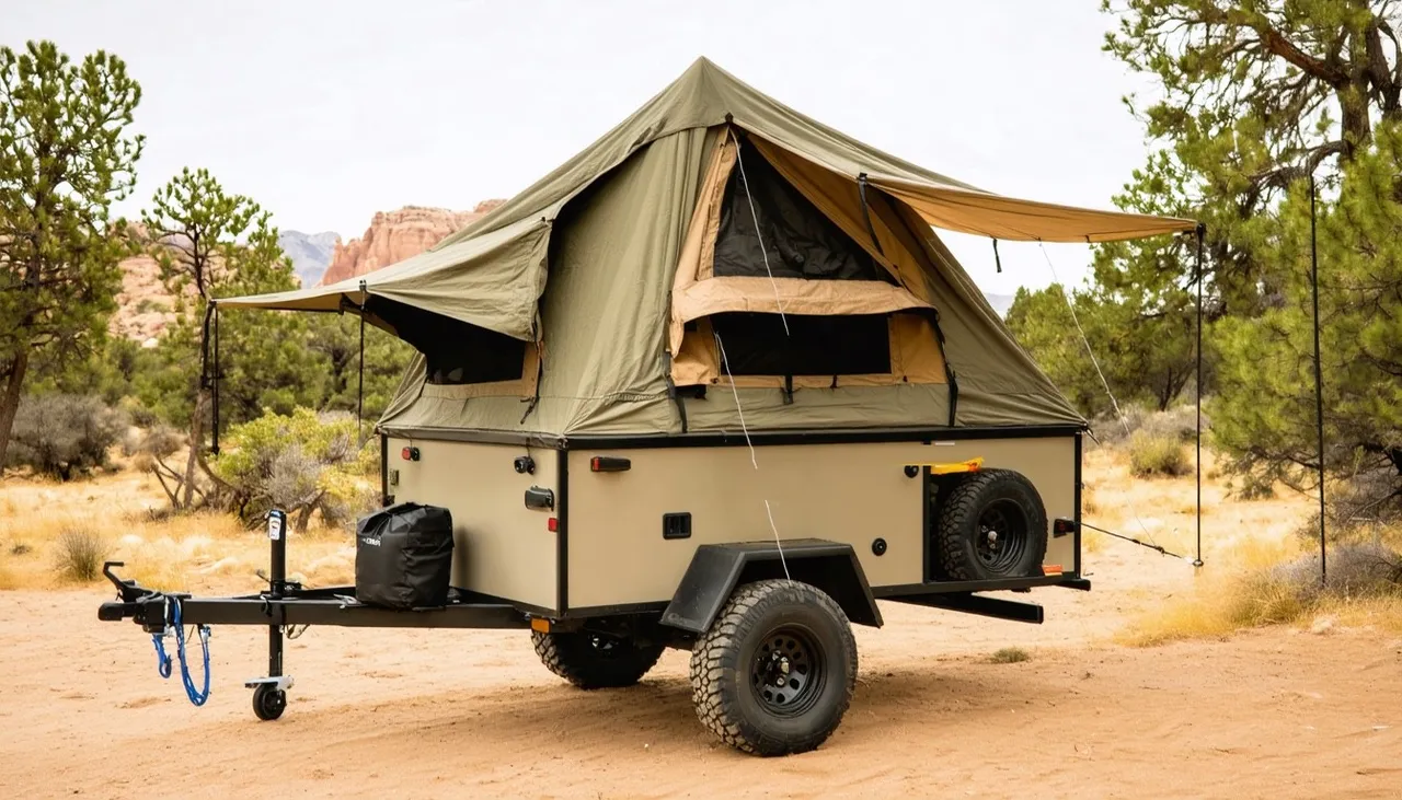 Red Rock Outfitters Backtrack 10XT off-road tent trailer set up with olive and tan canvas and awnings out, on sandy ground among pinyon pines with red rock behind