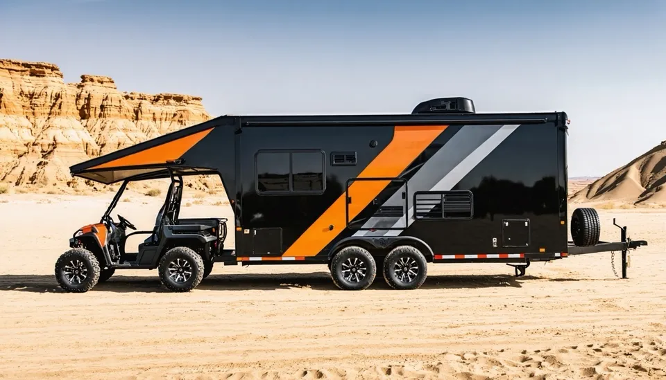 Side view of the gloss black Frontier Haul Dustrunner 2612 toy hauler with blaze orange and gunmetal stripes, a side-by-side UTV parked under the awning at the rear, on sand below tan badlands cliffs