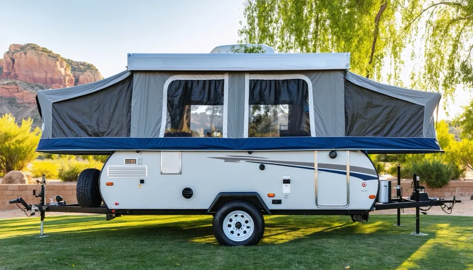 Side view of the large Driftwood Kestrel 1910ST pop-up camper set up with light gray canvas bed ends and a navy skirt on a lawn below red sandstone cliffs near Zion