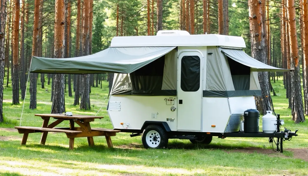 White Driftwood Kestrel 12SC pop-up camper set up with sage canvas and awning out beside a picnic table in a pine forest campground