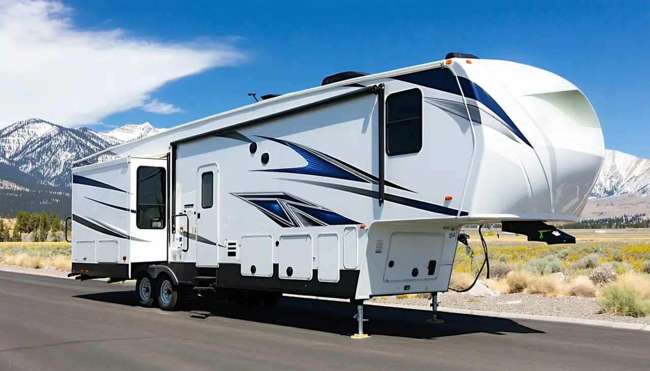 White Northstar Meridian 280RK fifth wheel with navy and silver chevrons on its landing jacks on an asphalt lot, snowy Wasatch peaks behind