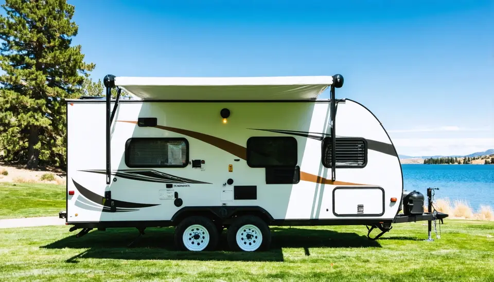 Side view of the white Alpine Ridge AR 190RD travel trailer with charcoal and copper swooshes and awning out on a grassy site beside Bear Lake