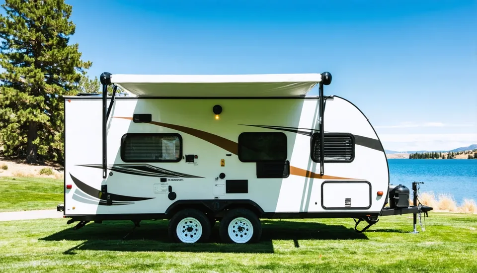 Side view of the white Alpine Ridge AR 190RD travel trailer with charcoal and copper swooshes and awning out on a grassy site beside Bear Lake